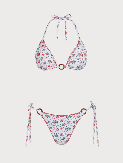 Red O-Ring Floral Contrast Bikini Set