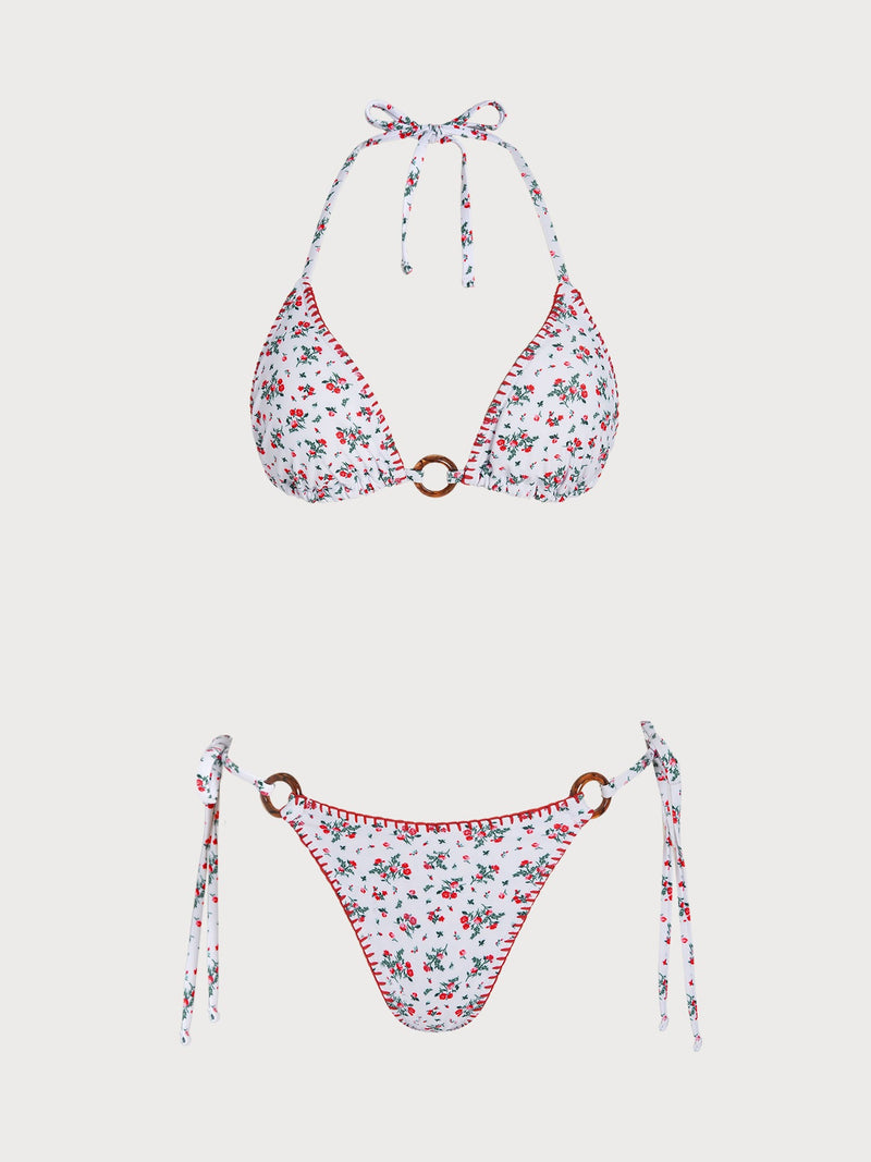 Red O-Ring Floral Contrast Bikini Set