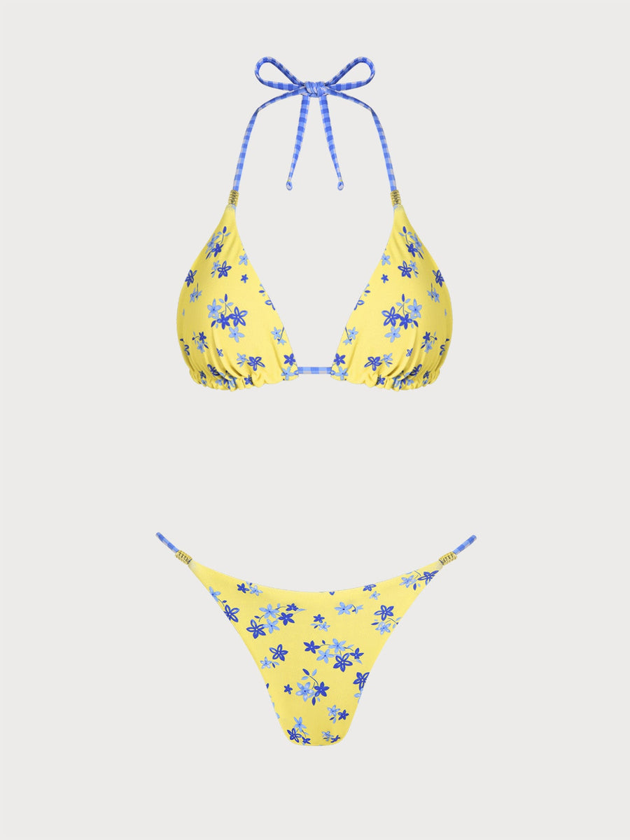 Yellow Reversible Contrast Plaid Bikini Set