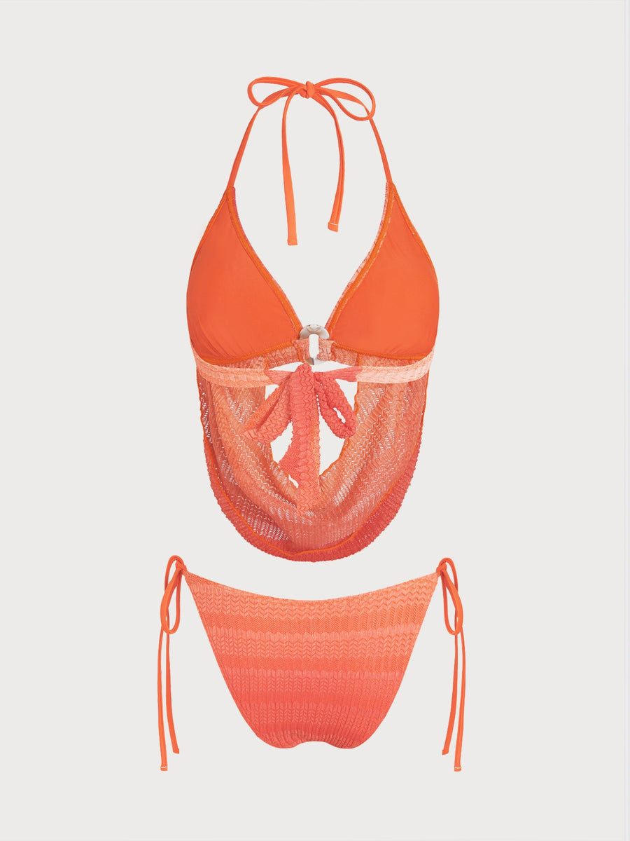 Orange O-Ring Gradient Striped Bikini Set