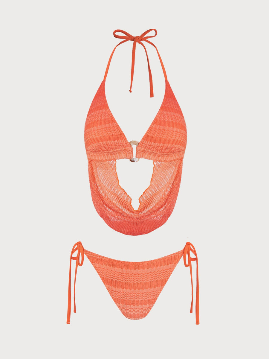 Orange O-Ring Gradient Striped Bikini Set