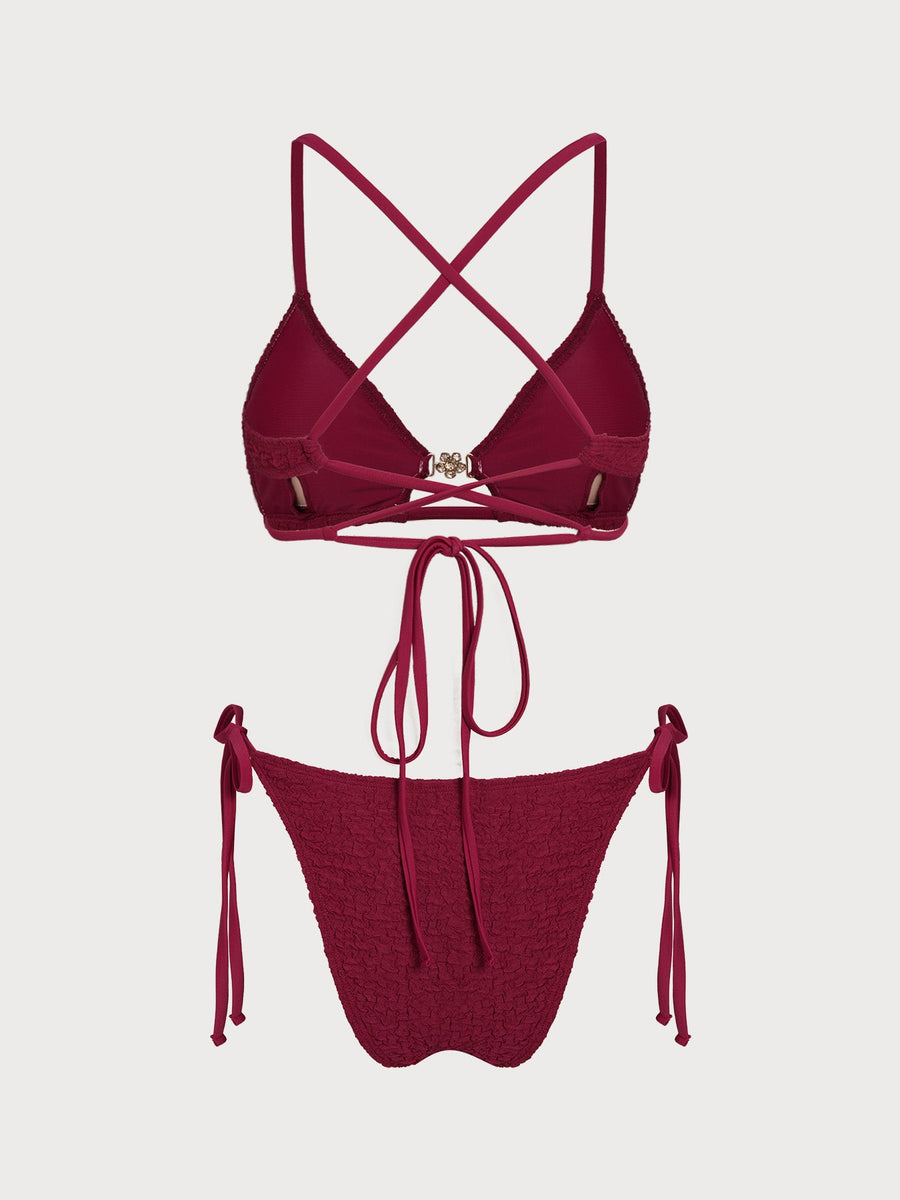 Wine Red Ruched Cross Back Bikini Set