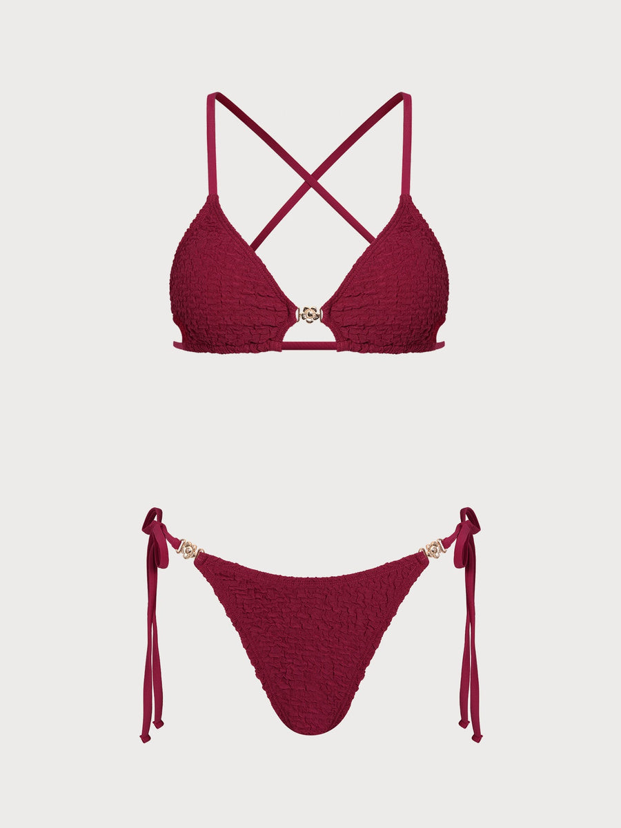 Wine Red Ruched Cross Back Bikini Set