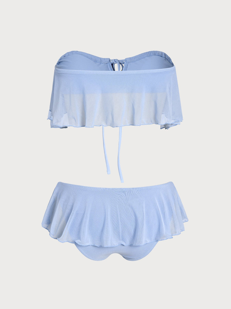 Blue Bandeau Ruffle Mesh Skirt Bikini Set