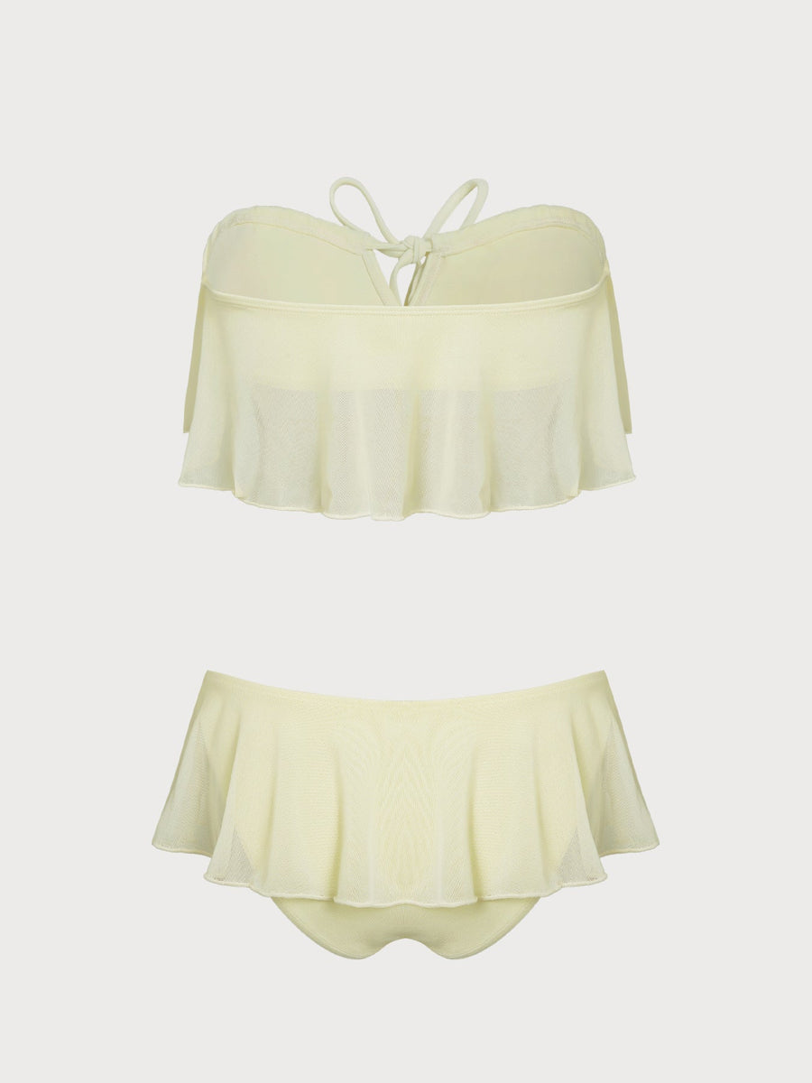 Light Yellow Bandeau Ruffle Mesh Skirt Bikini Set