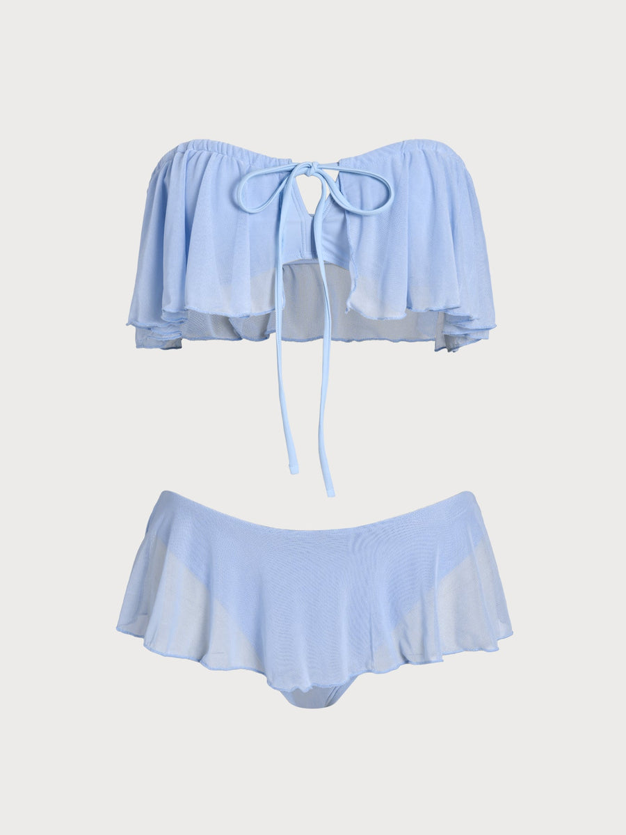 Light Yellow Bandeau Ruffle Mesh Skirt Bikini Set