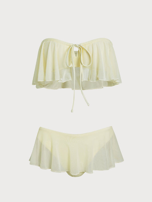 Light Yellow Bandeau Ruffle Mesh Skirt Bikini Set