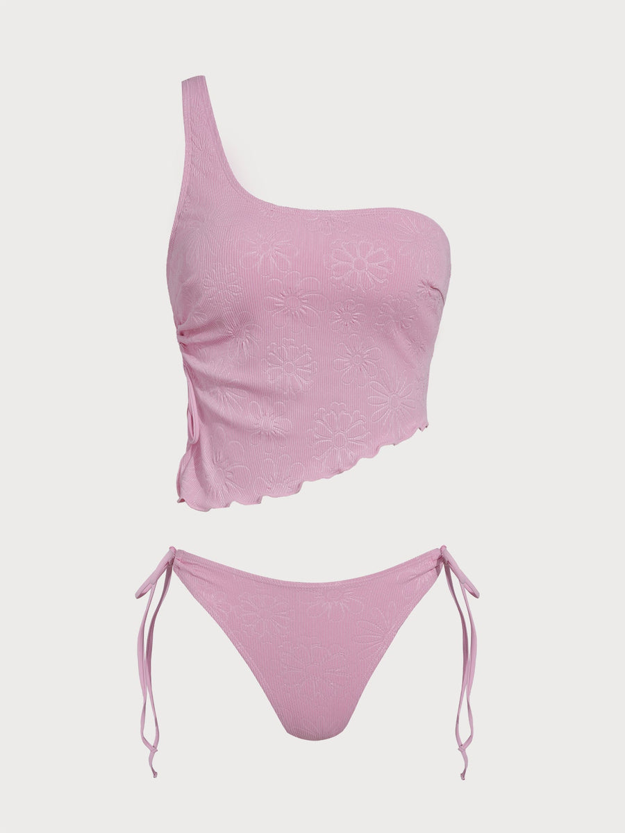 Pink Striped One-Shoulder Tankini Set