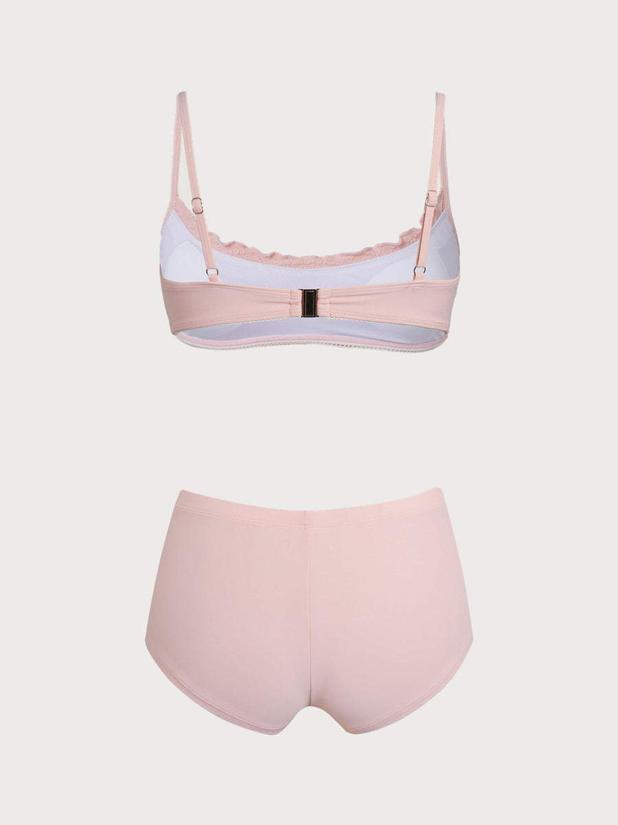 Bean Pink Ruffle Patchwork Shorts Bikini Set