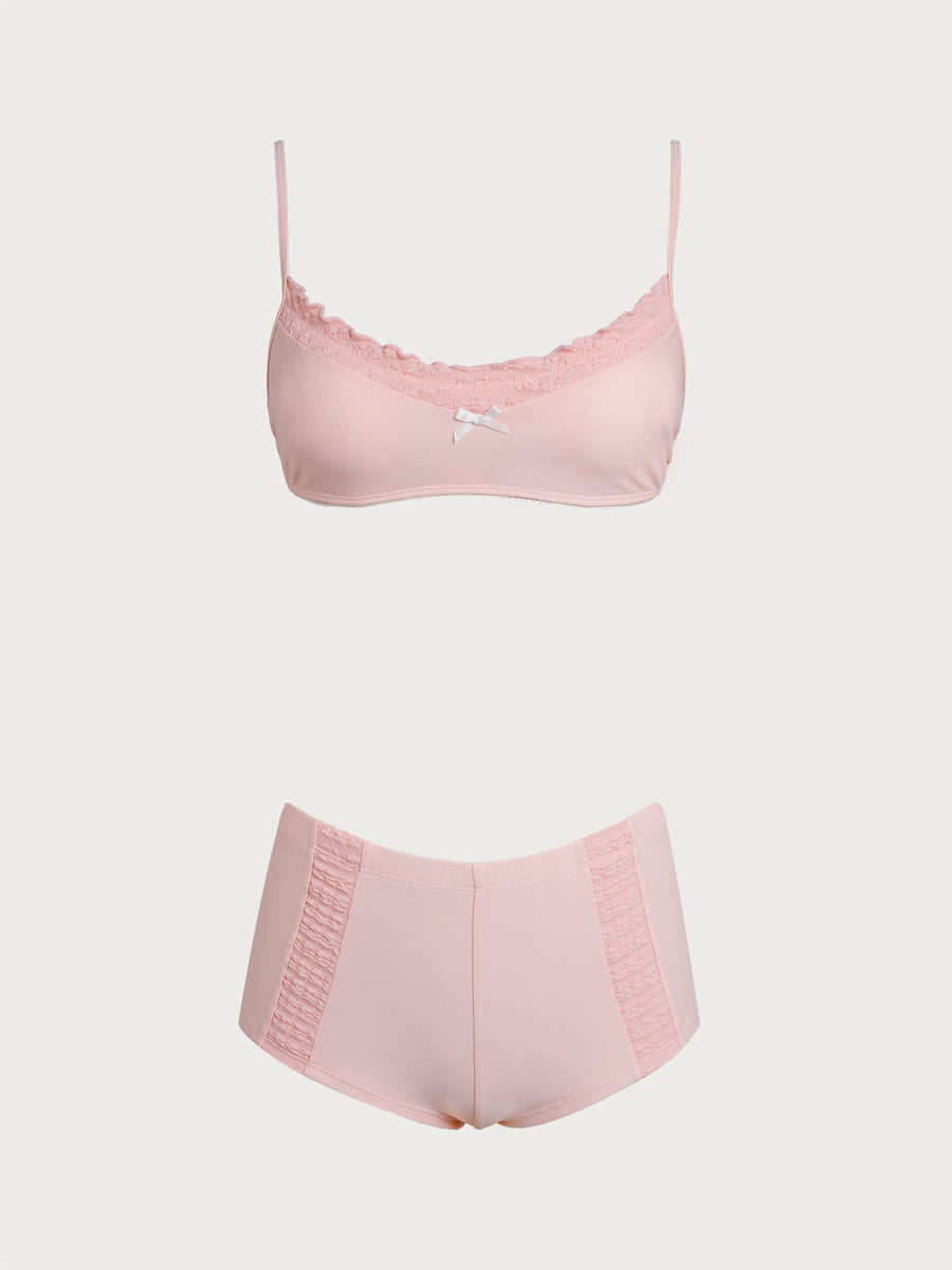 Bean Pink Ruffle Patchwork Shorts Bikini Set