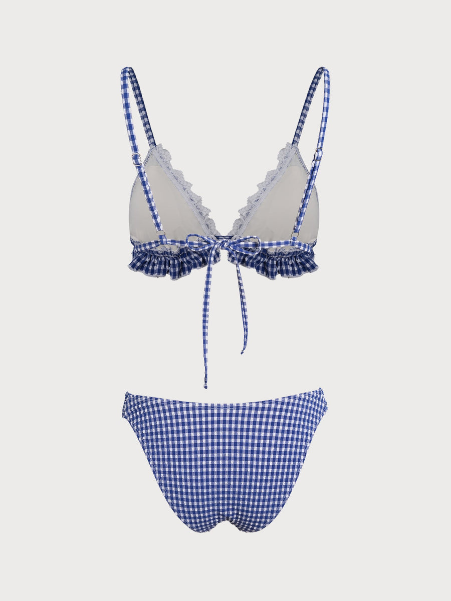 Blue Plaid Ruffle Lace Bikini Set