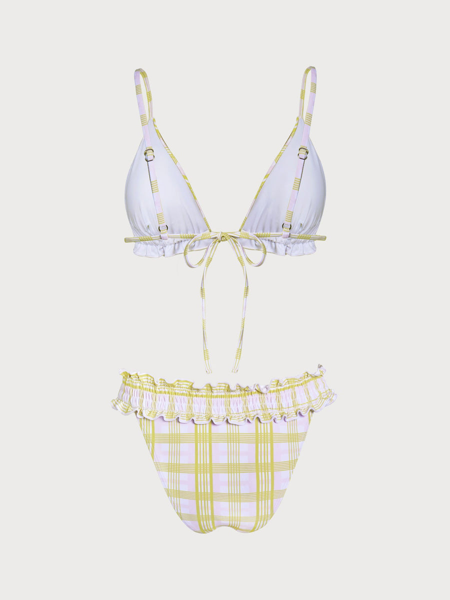 Light Yellow Plaid Ruffle Bikini Set
