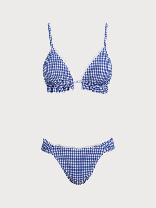 Blue Plaid Ruffle Lace Bikini Set