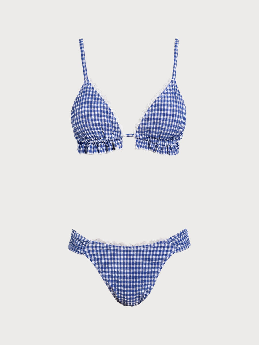 Blue Plaid Ruffle Lace Bikini Set