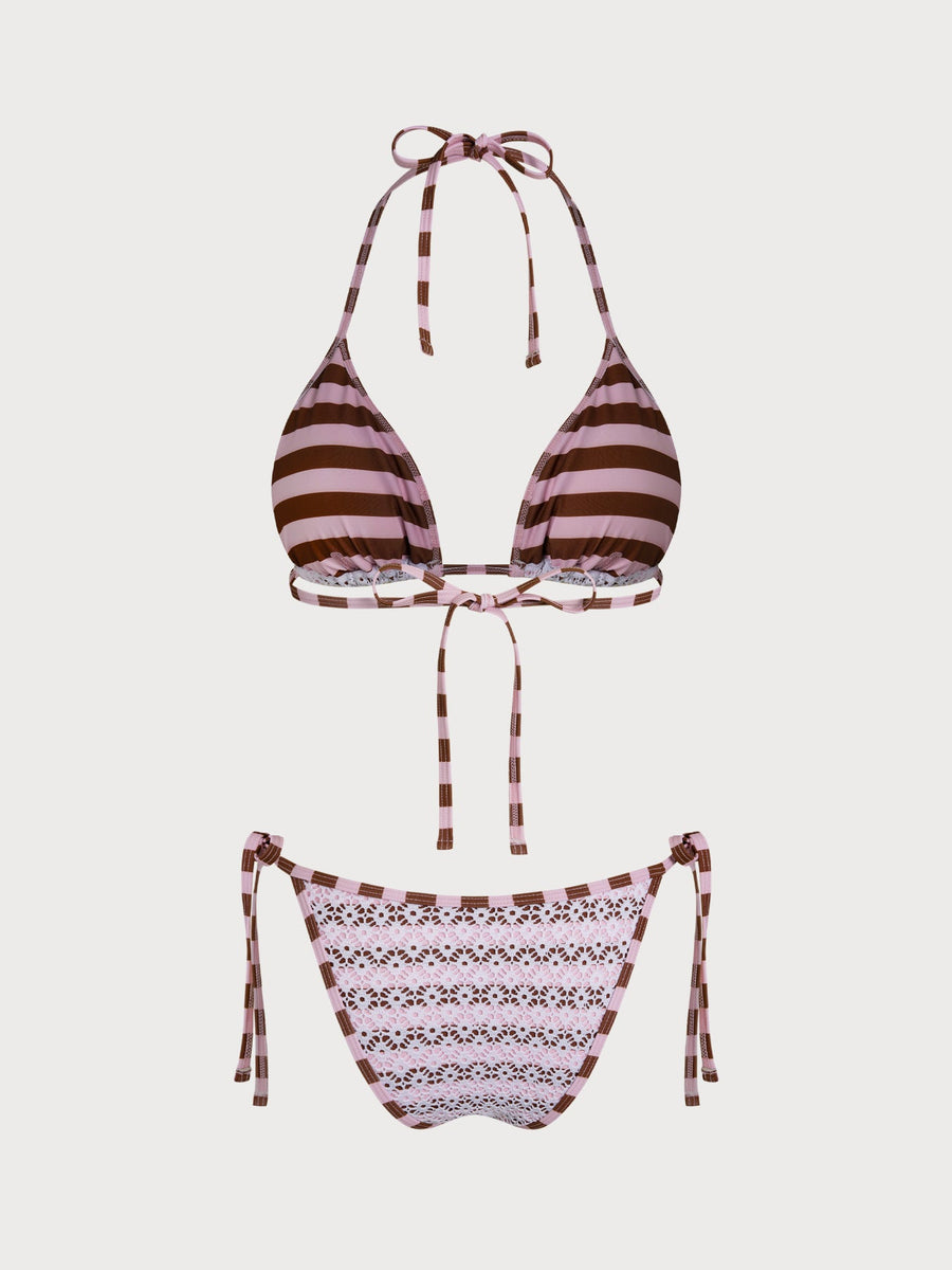 Pink Contrast Plaid Textured Bikini Set
