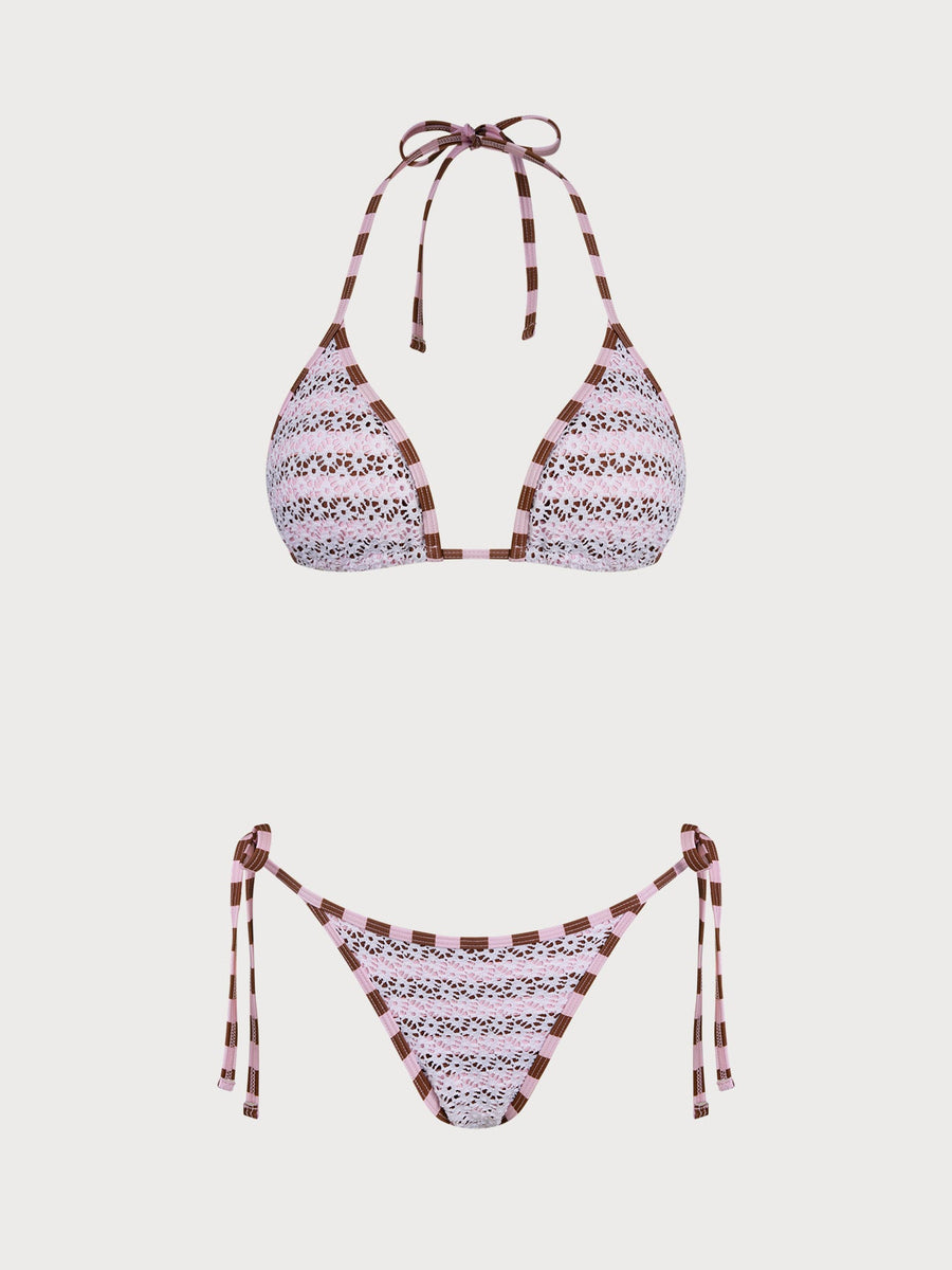 Pink Contrast Plaid Textured Bikini Set