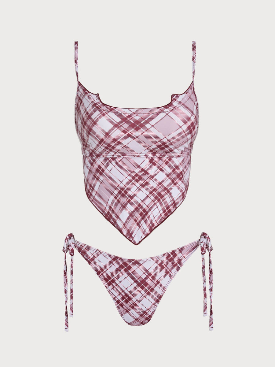 Red Plaid Triangle Backless Tankini Set