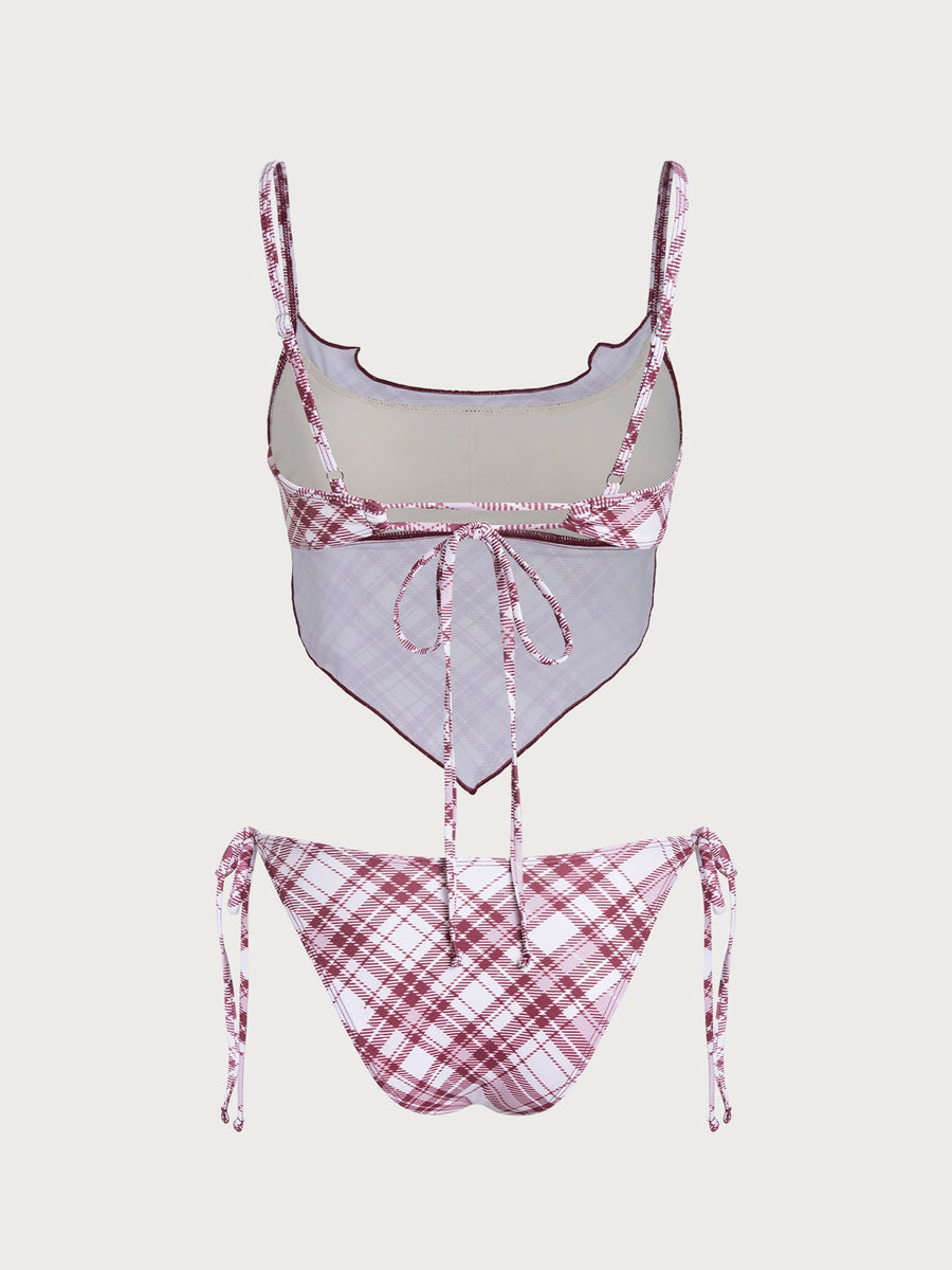Red Plaid Triangle Backless Tankini Set