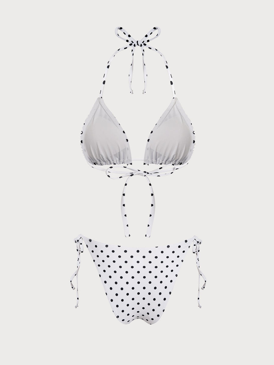 White Contrast Polka Dot Ruffle Bikini Set