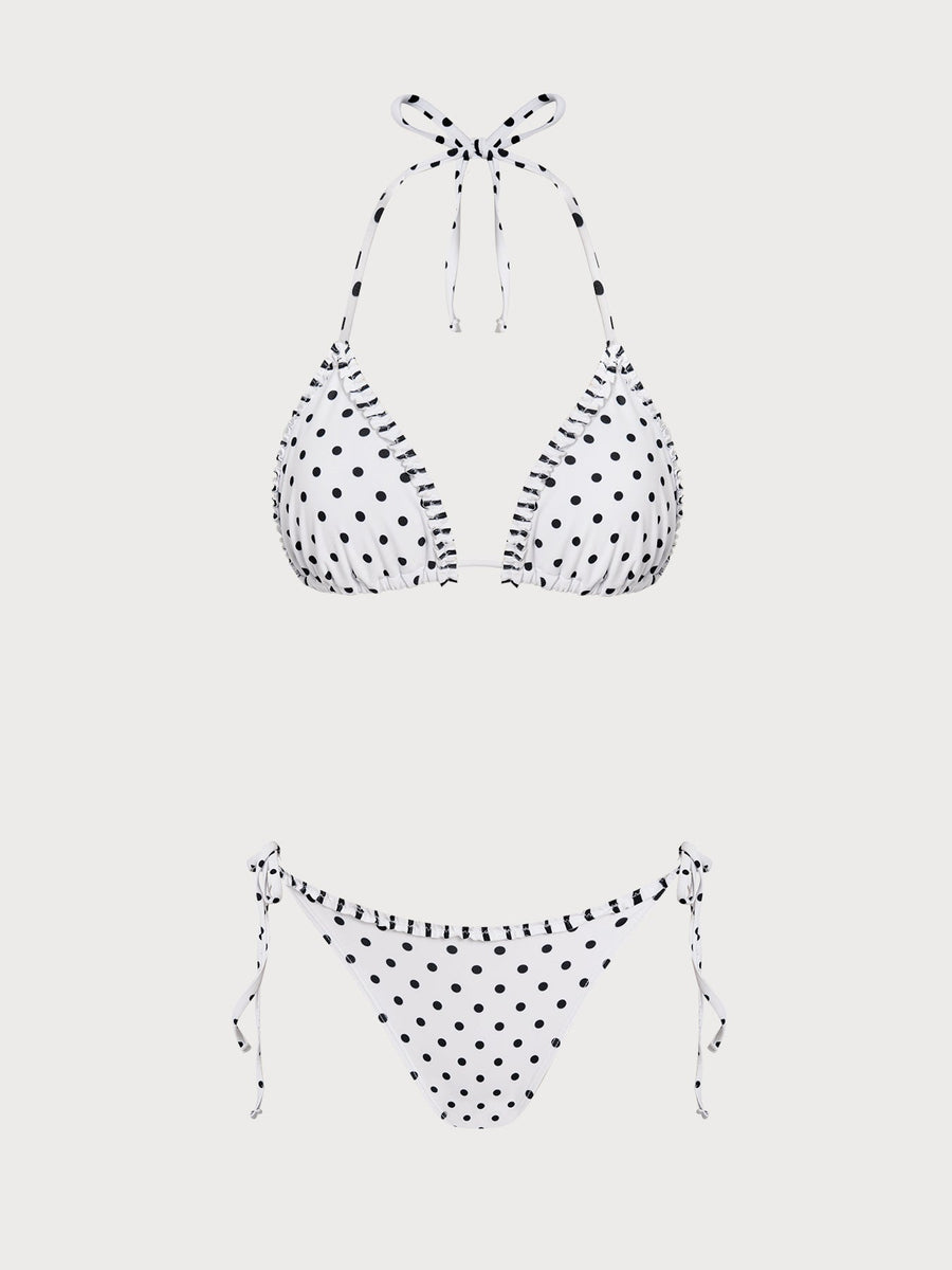 White Contrast Polka Dot Ruffle Bikini Set