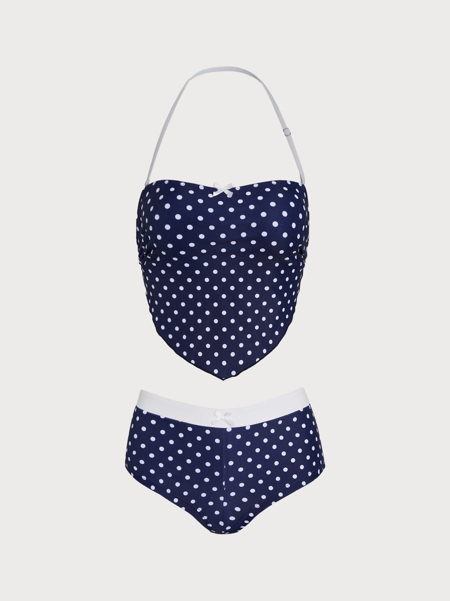Royal Blue Polka Dot Backless Tankini Set