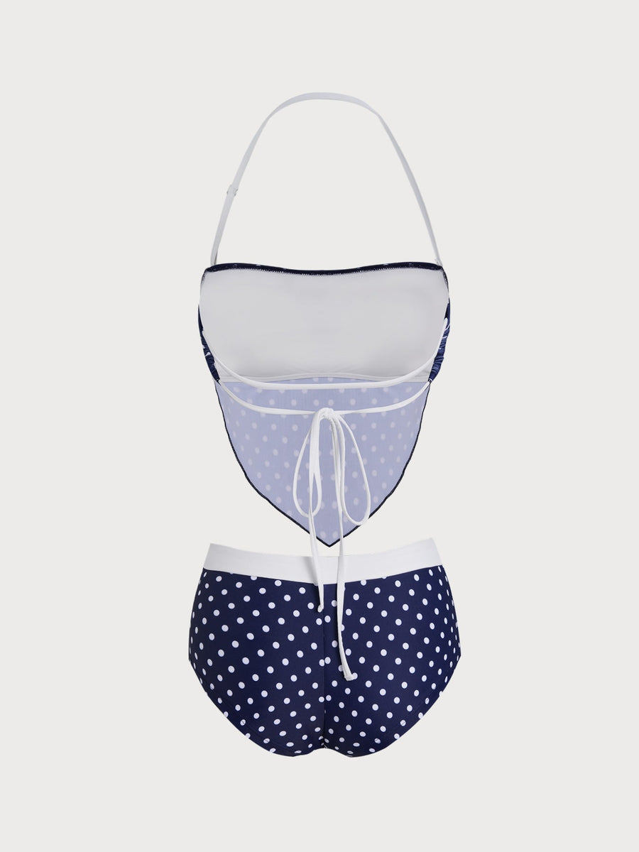 Royal Blue Polka Dot Backless Tankini Set