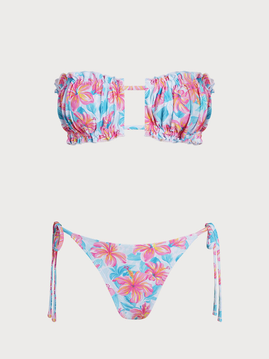 Blue Flower Contrast Strapless Bikini Set