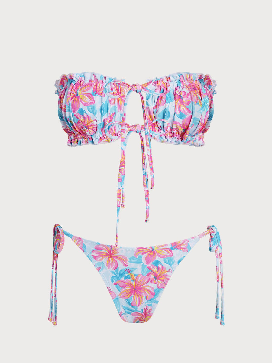 Blue Flower Contrast Strapless Bikini Set