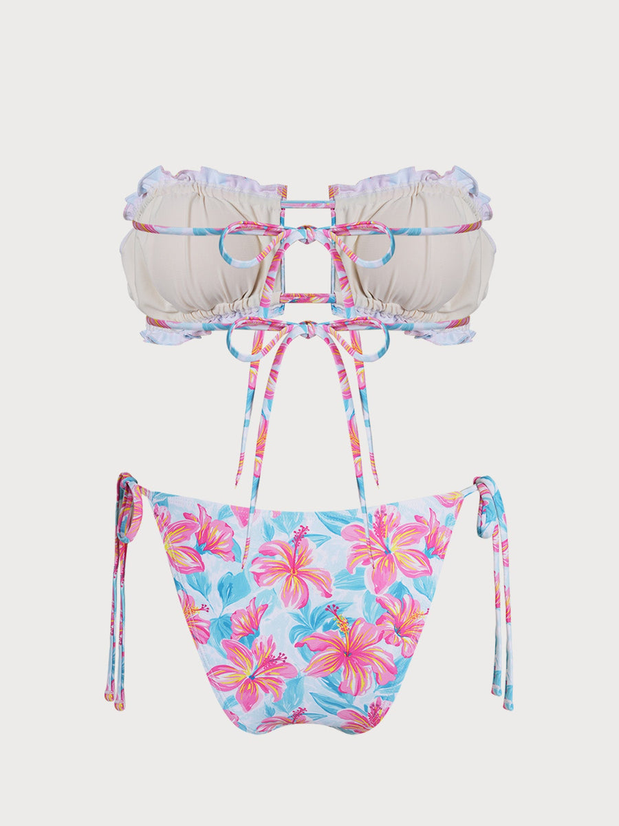 Blue Flower Contrast Strapless Bikini Set