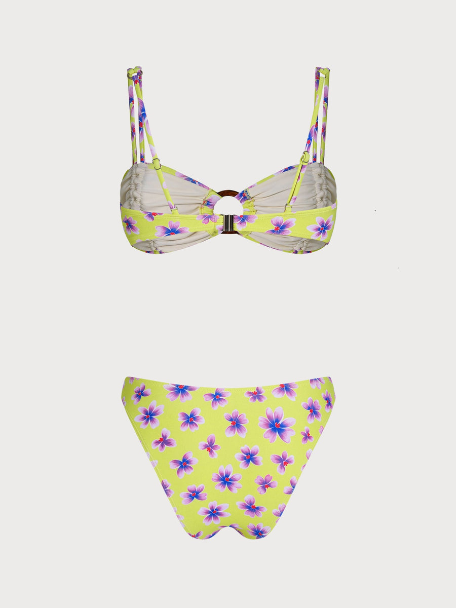 Yellow O-Ring Contrast Flower Bikini Set