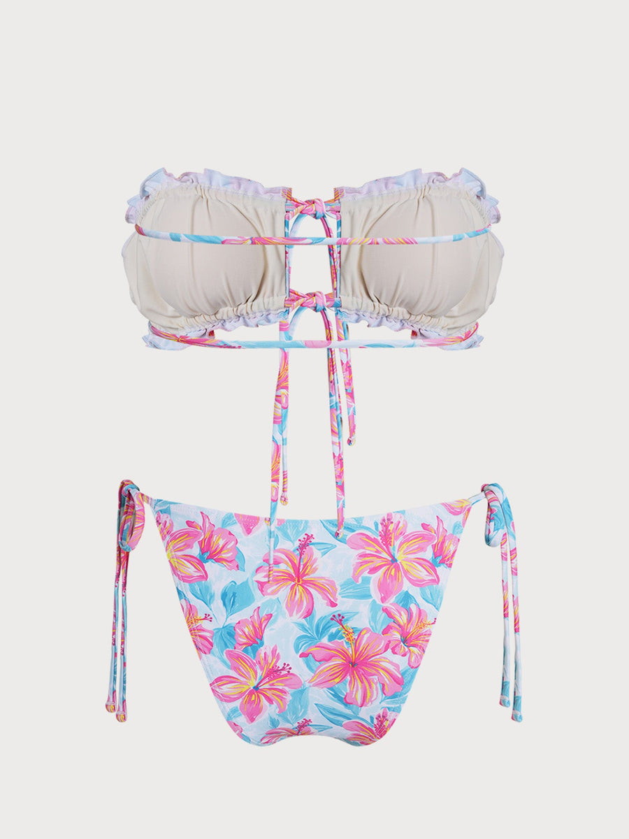 Blue Flower Contrast Strapless Bikini Set