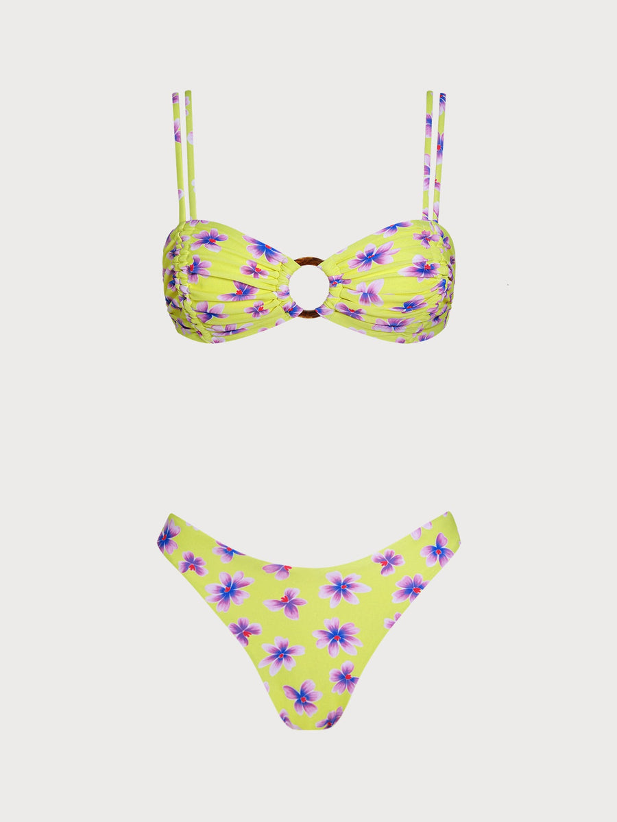 Yellow O-Ring Contrast Flower Bikini Set