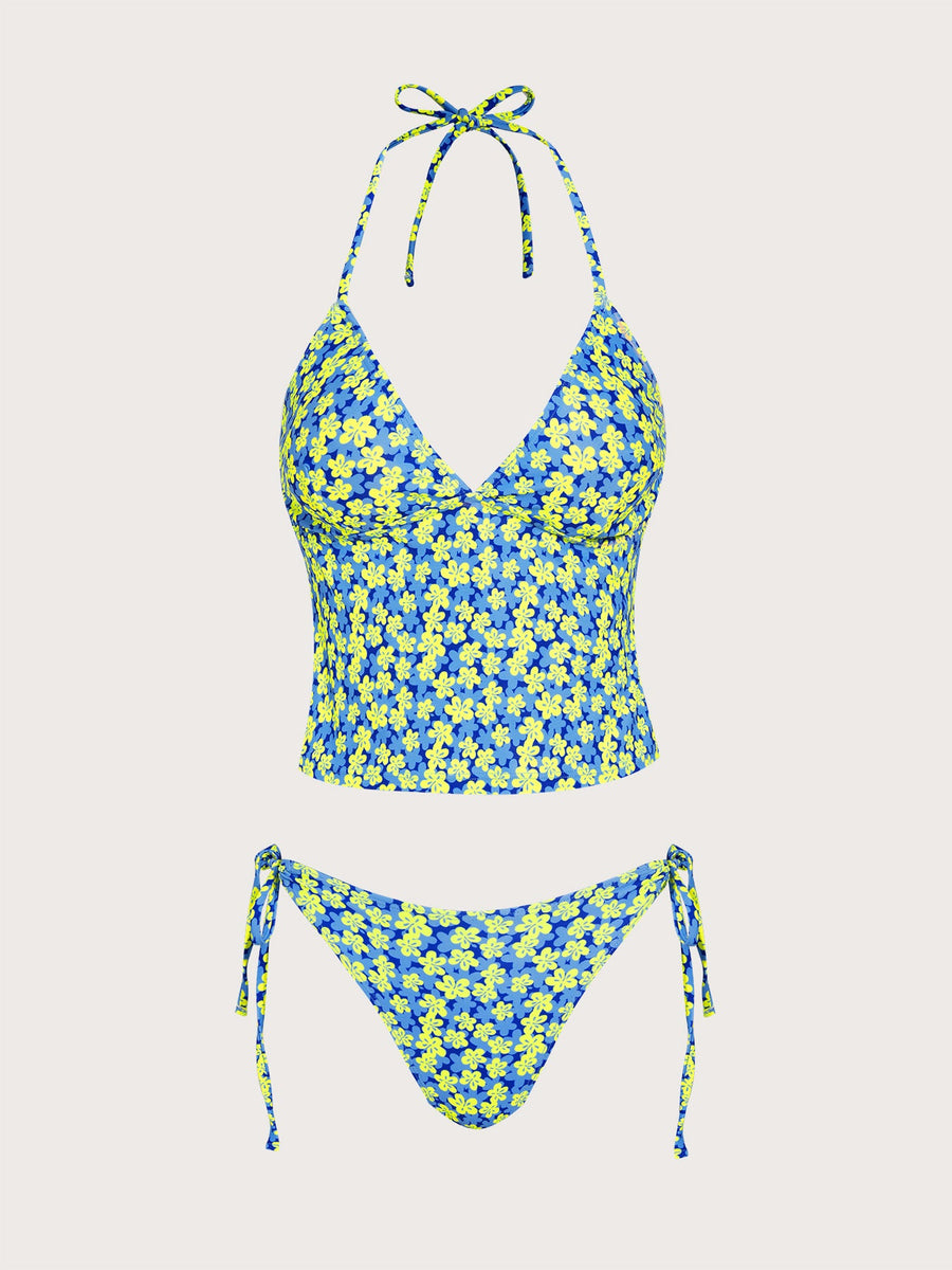 Blue Floral Contrast Tankini Set