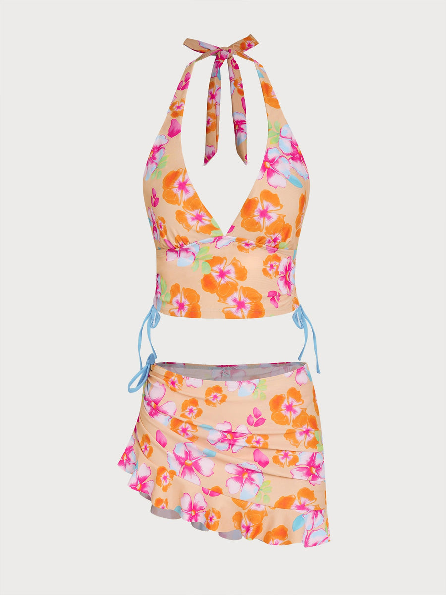 Orange Floral Contrast Tankini Three-Piece Set