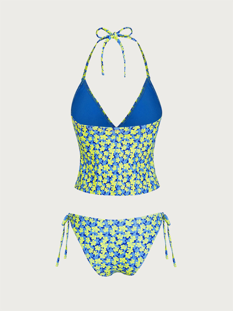 Blue Floral Contrast Tankini Set