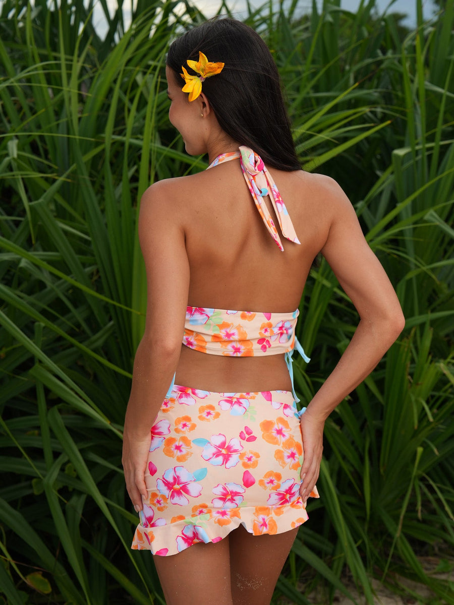 Orange Floral Contrast Tankini Three-Piece Set