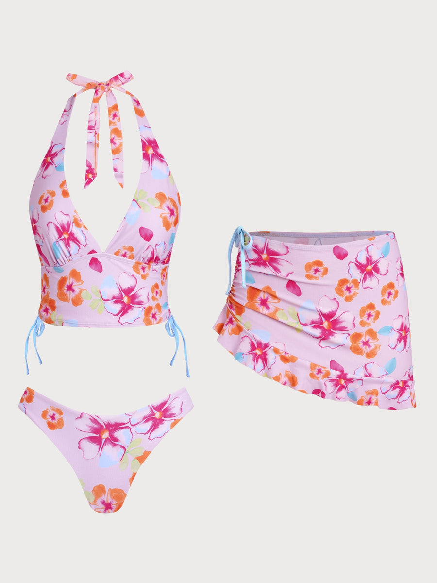 Orange Floral Contrast Tankini Three-Piece Set