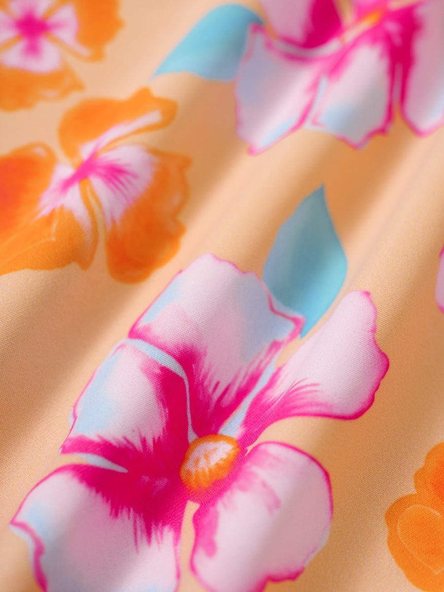 Orange Floral Contrast Tankini Three-Piece Set