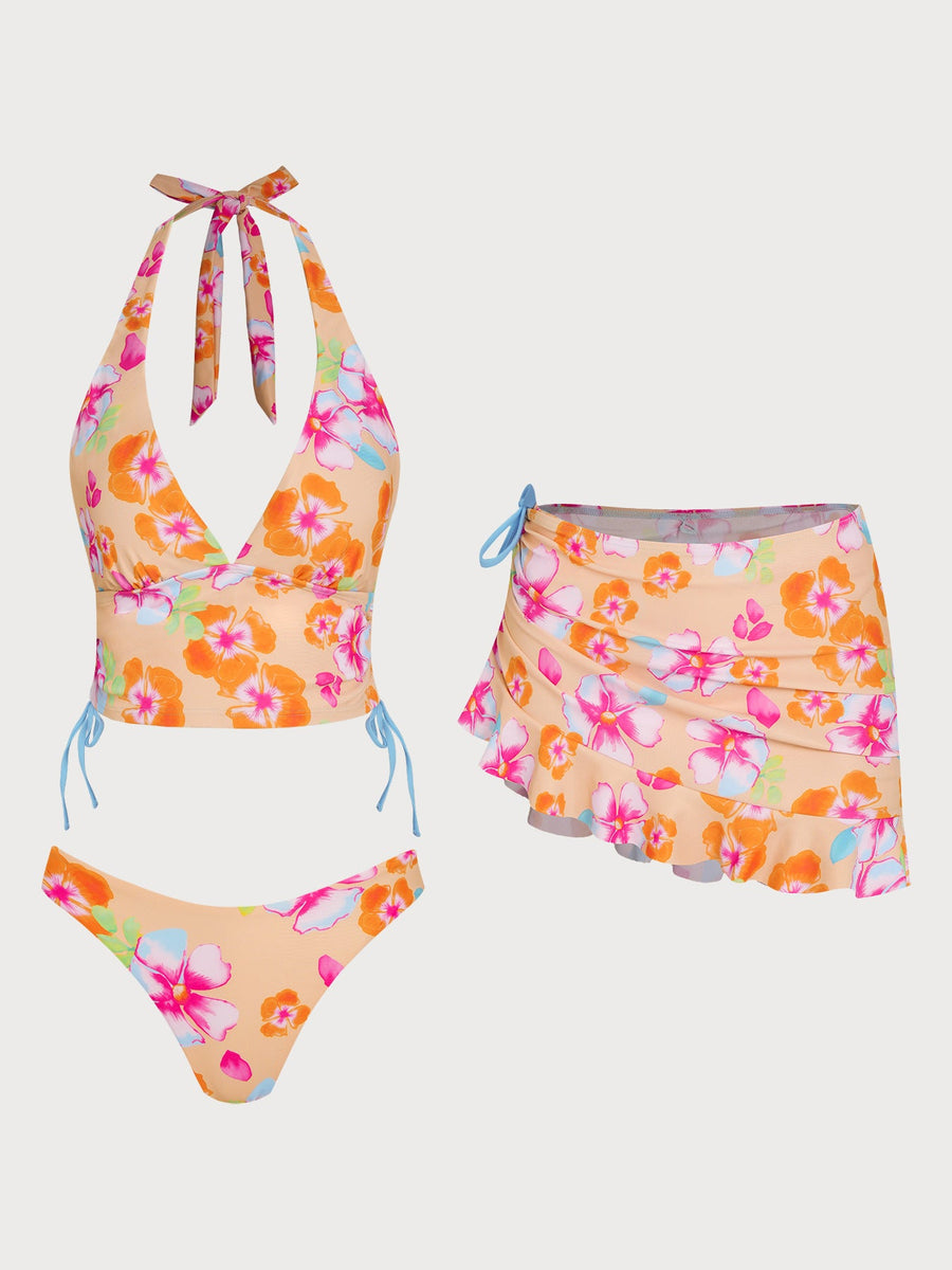Orange Floral Contrast Tankini Three-Piece Set