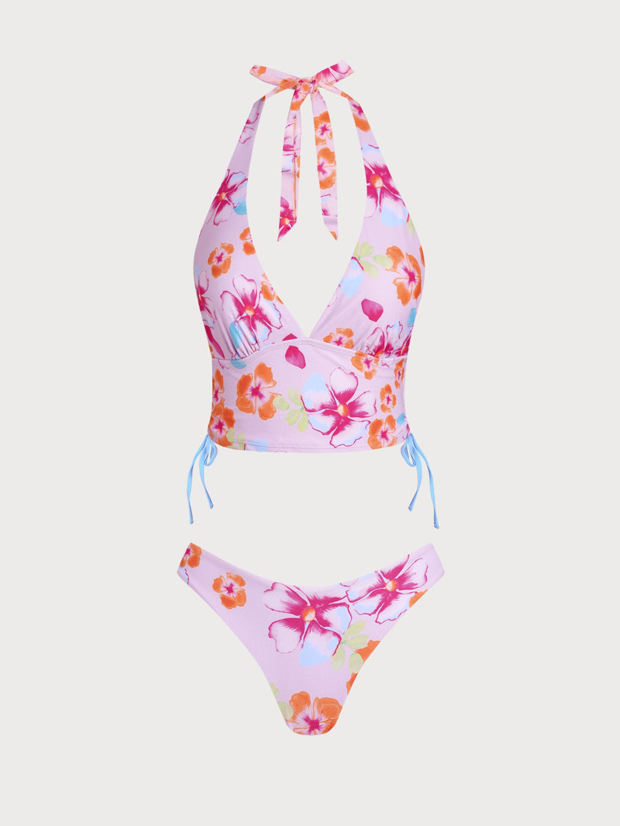 Orange Floral Contrast Tankini Three-Piece Set