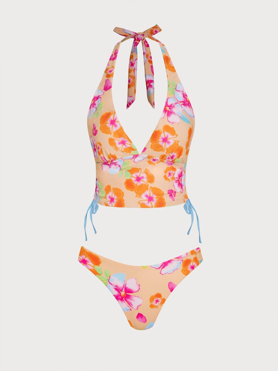 Orange Floral Contrast Tankini Three-Piece Set