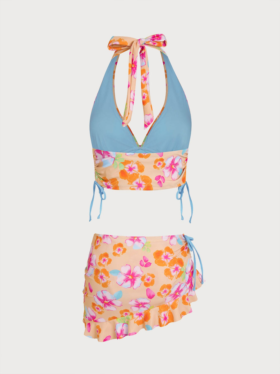 Orange Floral Contrast Tankini Three-Piece Set