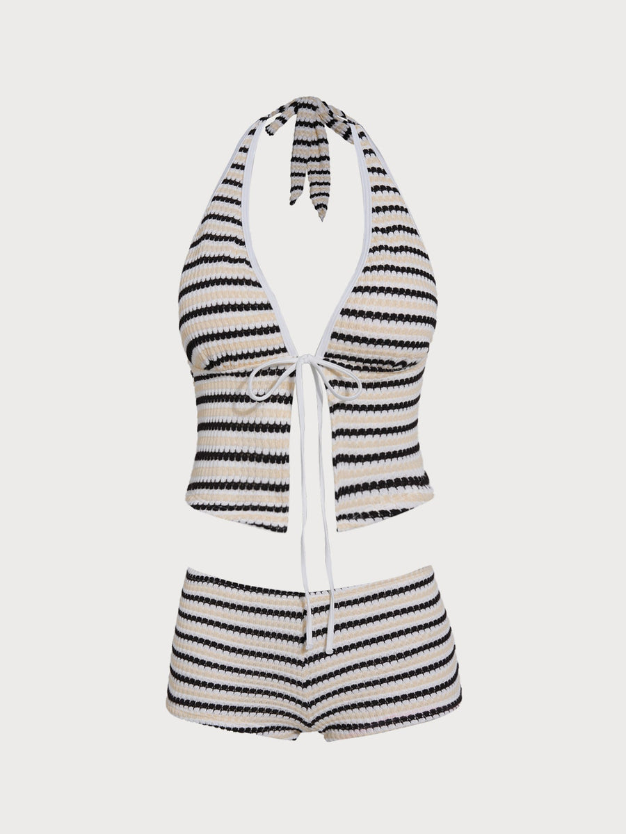 Multi Retro Striped Tie Front Tankini Set