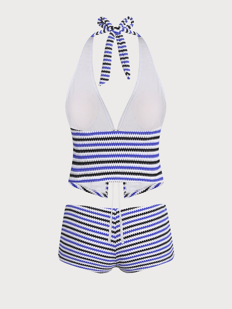 Multi Retro Striped Tie Front Tankini Set