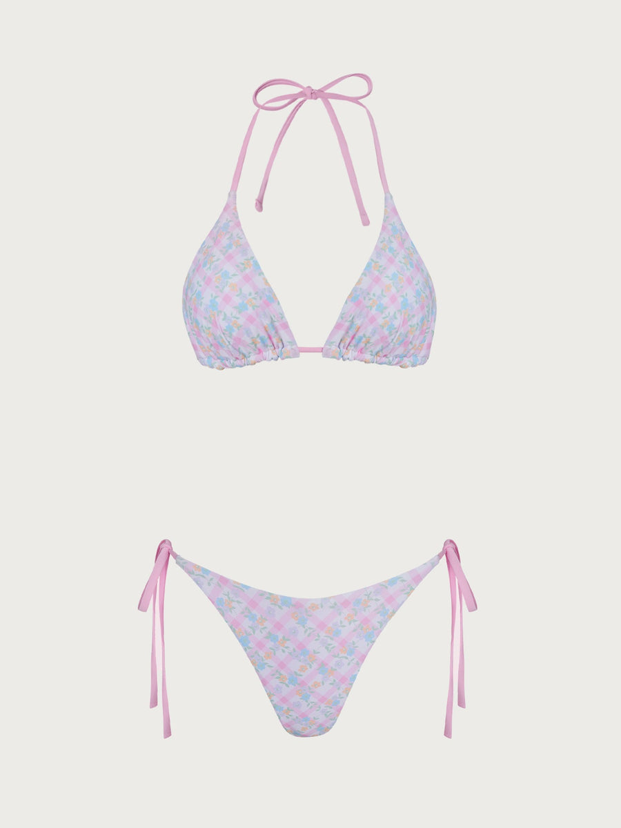 Pink Reversible Floral Plaid Bikini Set