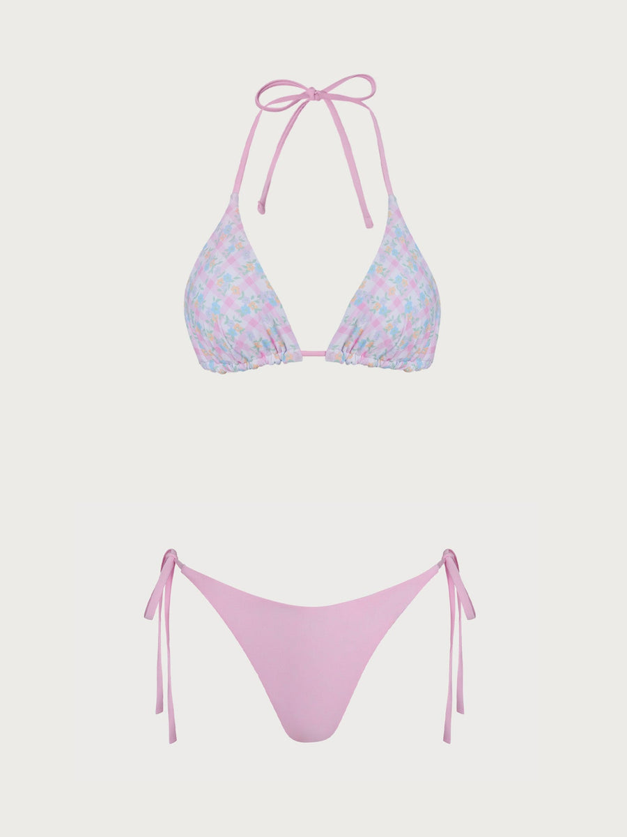 Pink Reversible Floral Plaid Bikini Set