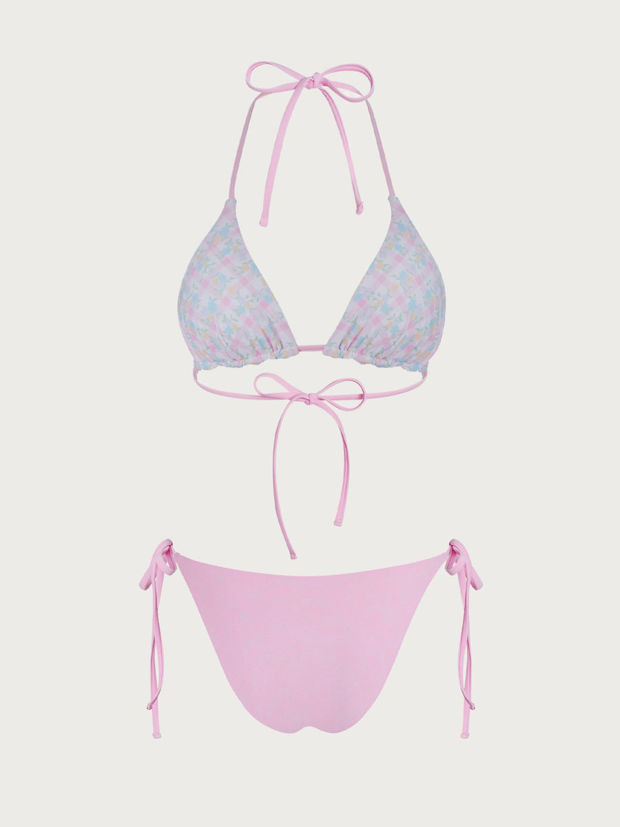 Pink Reversible Floral Plaid Bikini Set
