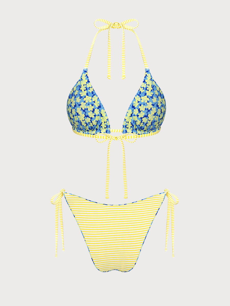 Blue Striped Reversible Floral Contrast Bikini Set