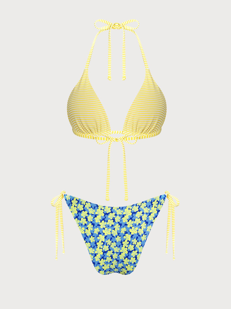 Blue Striped Reversible Floral Contrast Bikini Set