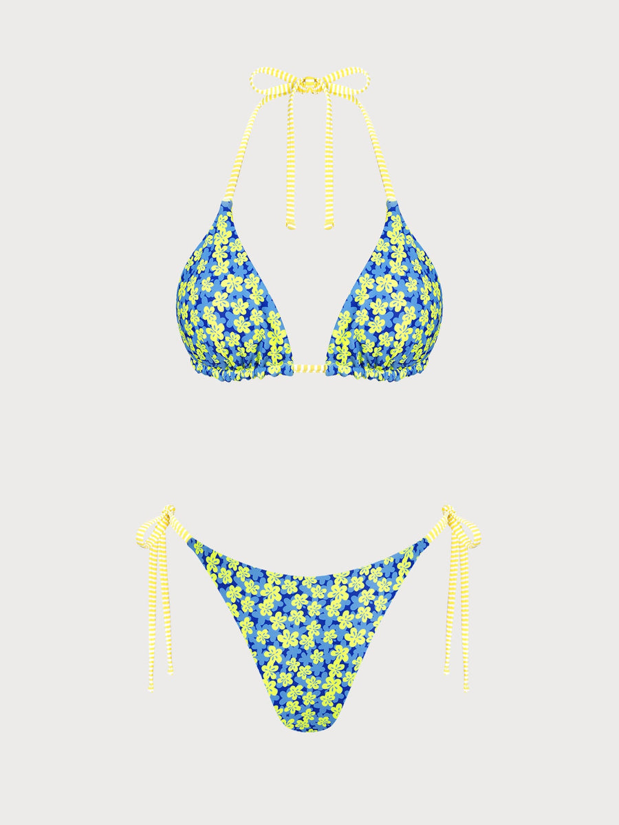 Blue Striped Reversible Floral Contrast Bikini Set